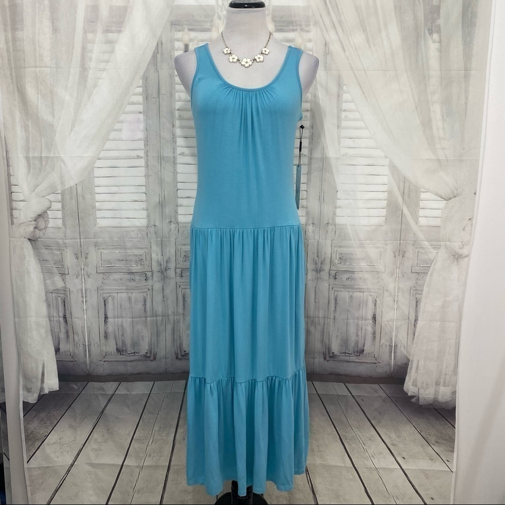 Calvin Klein Aqua Blue Sleeveless Midi Pockets Casual Pullover Dress Tiered NEW